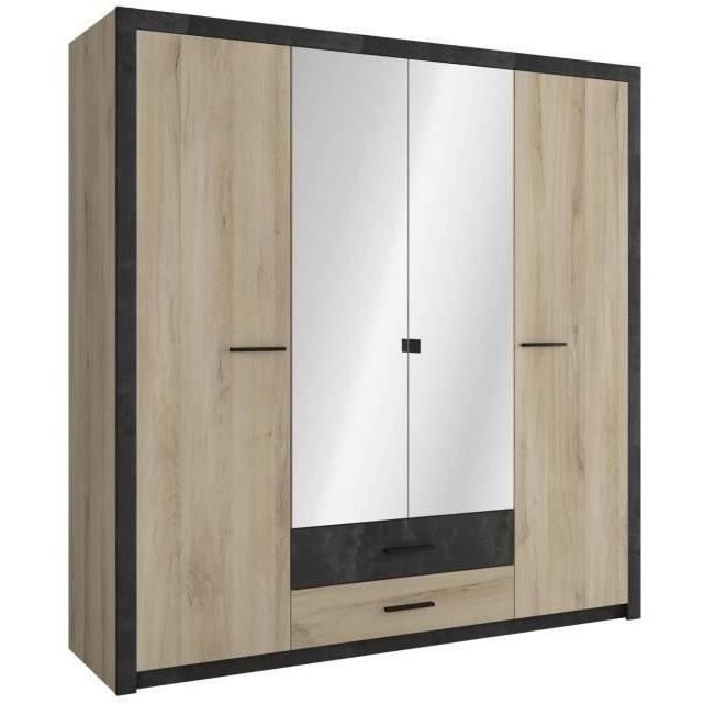Armario - Acabado en roble y negro - 4 puertas batientes - 2 cajones - Espejos - Ancho 198 x Alto 203,1 x Profundidad 56,6 cm - COLORADO - Hecho en Francia