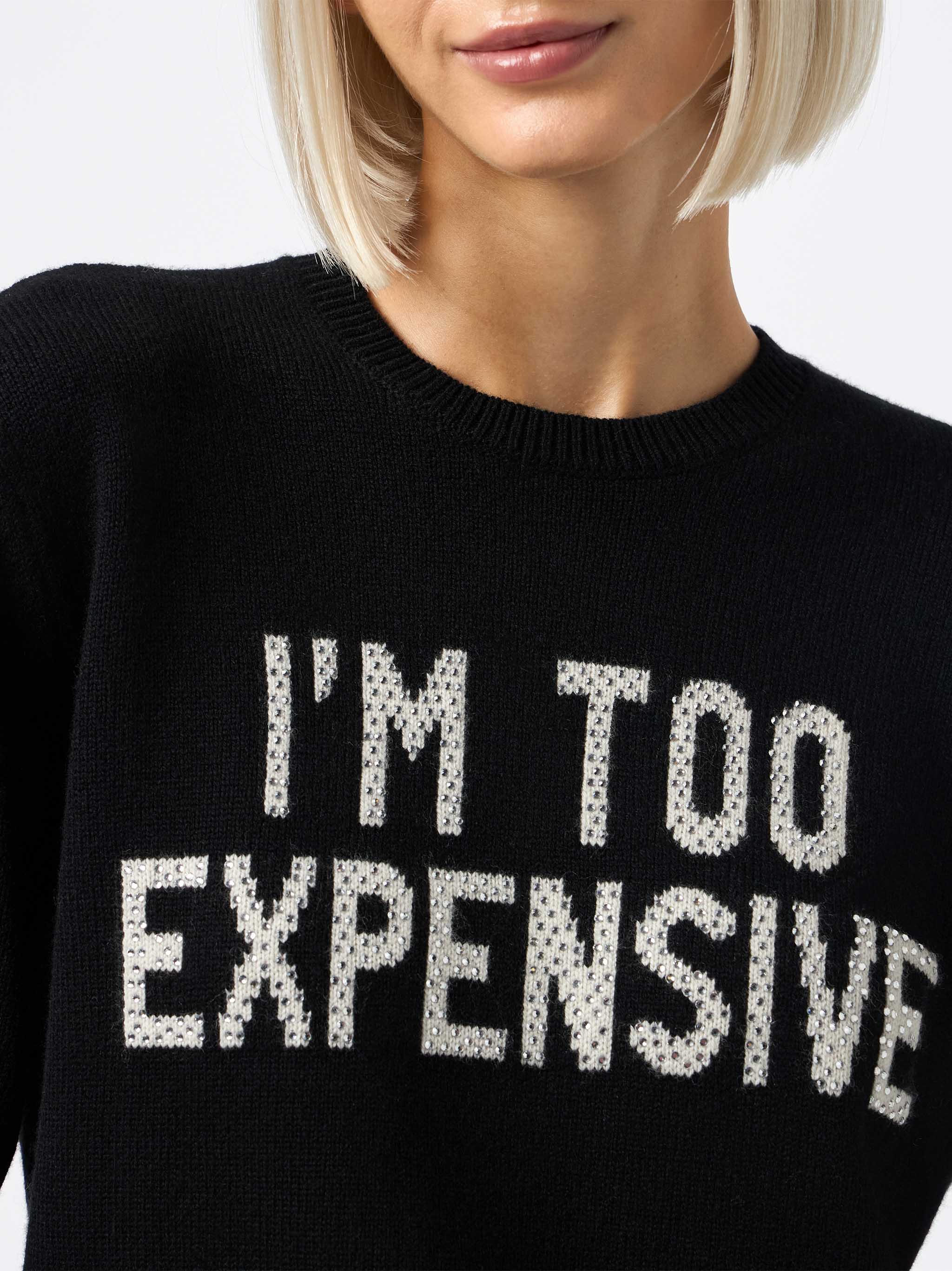 Suéter negro con estampado de diamantes de imitación para mujer de New Queen. Soy demasiado caro.