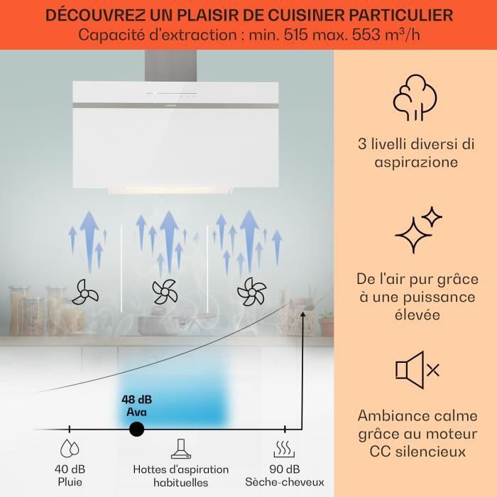 Dunstabzugshaube – Klarstein Ava 90 cm 515 m³/h – Energieeffizienzklasse A++ – Abluftbetrieb – App-Steuerung – Digitalanzeige – LED – Weiß