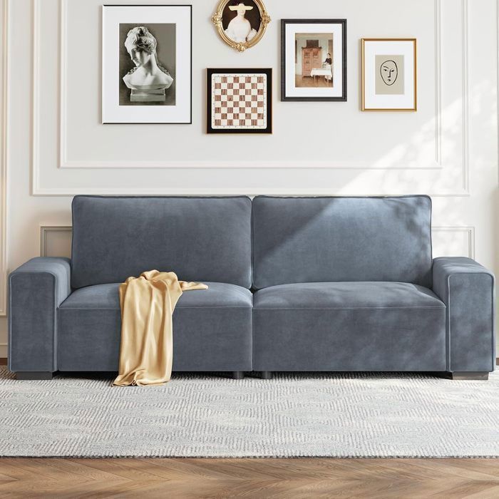 Canapé 3 places Confortable en chenille Gris,Canapé avec accoudoirs larges, coussins épais à ressorts pour salon,220×82×84cm