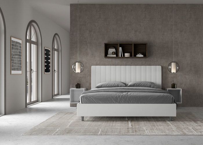 King size bed with storage - Ityhome - Agueda - White faux leather - 200x210 cm - Upholstered headboard