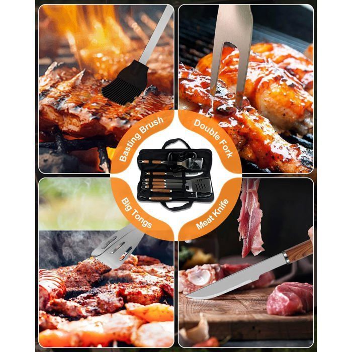 Ensemble d'ustensiles de barbecue 9 en 1, en acier inoxydable extra épais avec sac de rangement, ensemble complet d'ustensiles