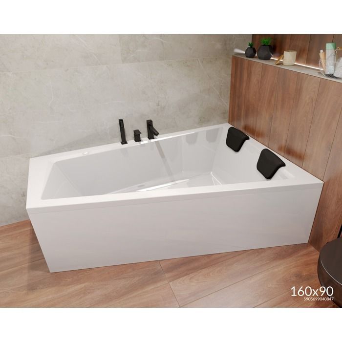 Vasca angolare 160x90 con apertura a destra, poggiatesta, scarico e piedini 4 in 1.