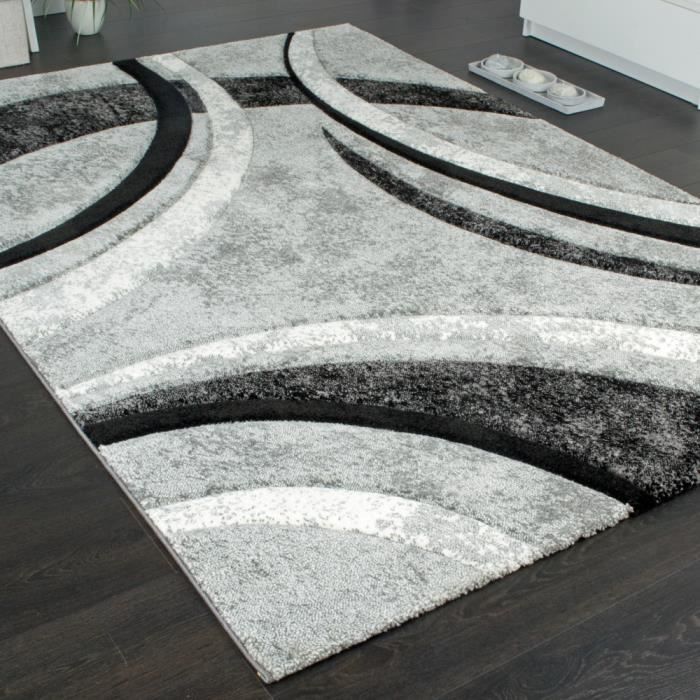 Alfombra de diseño moderno - Gris, negro, crema - 120 x 170 cm - Estampado de rayas moteadas - Polipropileno - Uso en interiores - PACO HOME