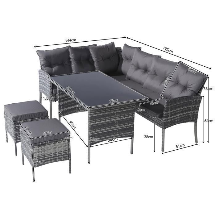 Conjunto de muebles de jardín de ratán sintético para 7 personas: 2 sofás, 2 taburetes y 1 mesa de centro. Estructura de acero. Color gris.