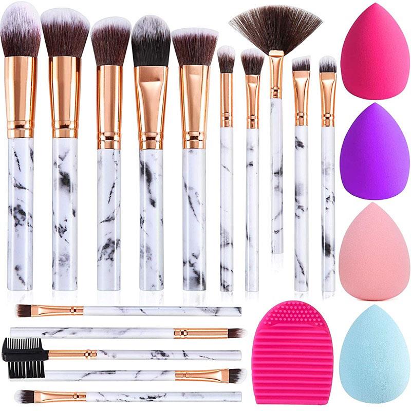 Ensemble de 15 pinceaux de maquillage DUAIU effet marbre, en fibres synthétiques de qualité supérieure (kabuki, poudre, blush, contouring, fond de teint, correcteur, fard à paupières), avec éponge à maquillage et œuf nettoyant pour pinceaux.