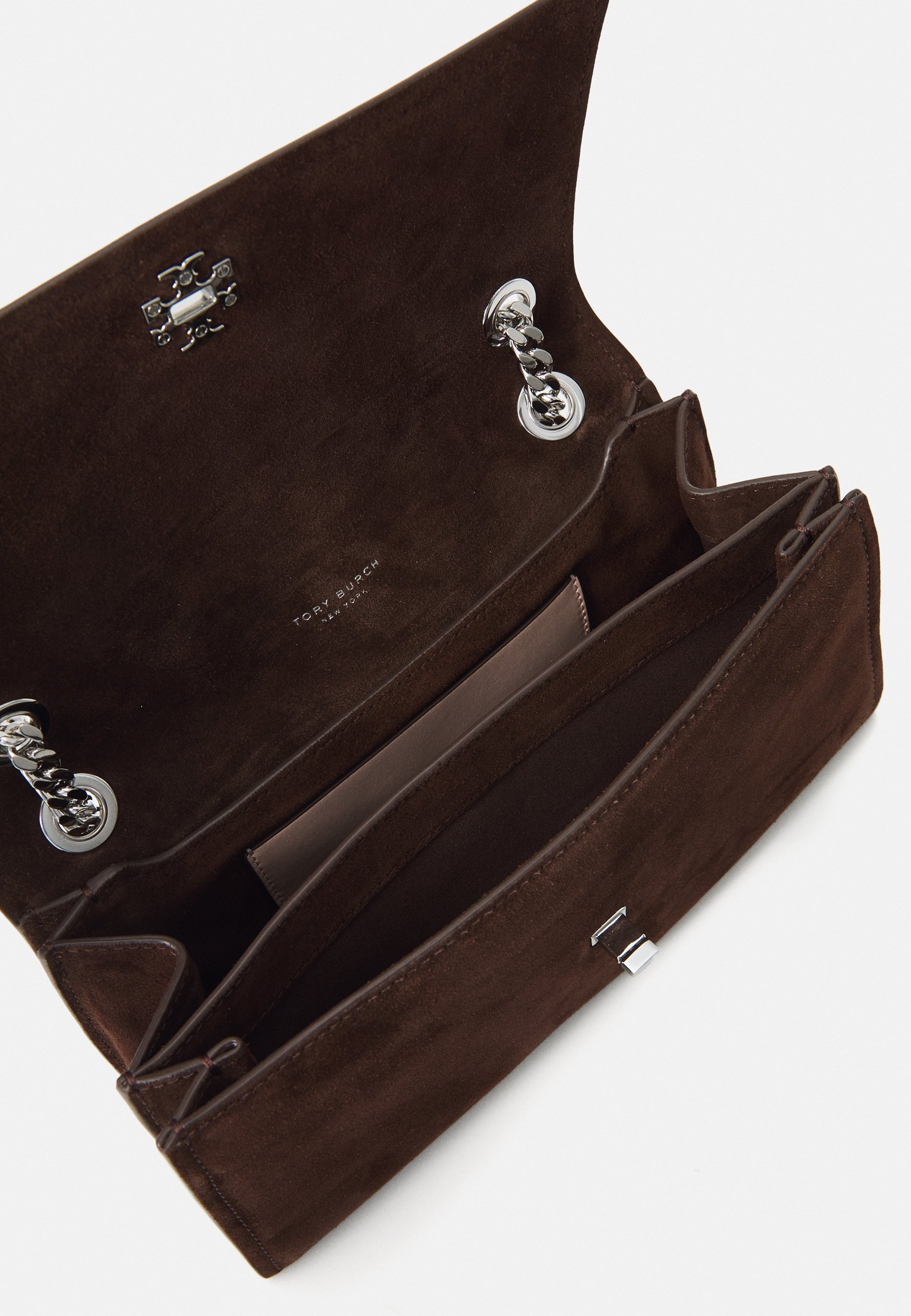 Sac bandoulière Tory Burch TURNLOCK en daim - couleur cacao foncé
