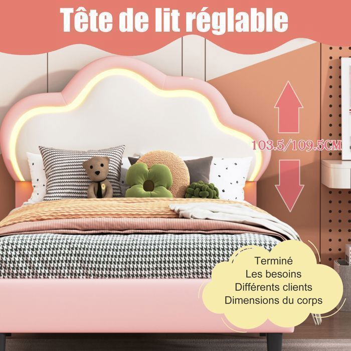 Lit pour enfant 90x200 cm, Lit capitonné avec LED, Cadre de lit pour fille, lit princesse avec sommier à lattes, pu, rose