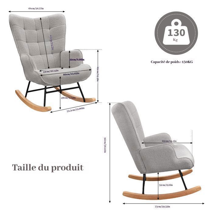 Fauteuil à Bascule, Fauteuil à Oreilles Rembourré, Chaise Relaxante, Pieds en Métal et en Bois Massif, Gris clair