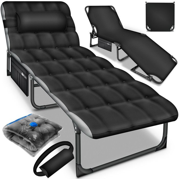 tillvex Folding Camping Bed, Black-Grey with Neck Pillow | Maximum Load 280 kg | Camping Lounge Chair with Padding