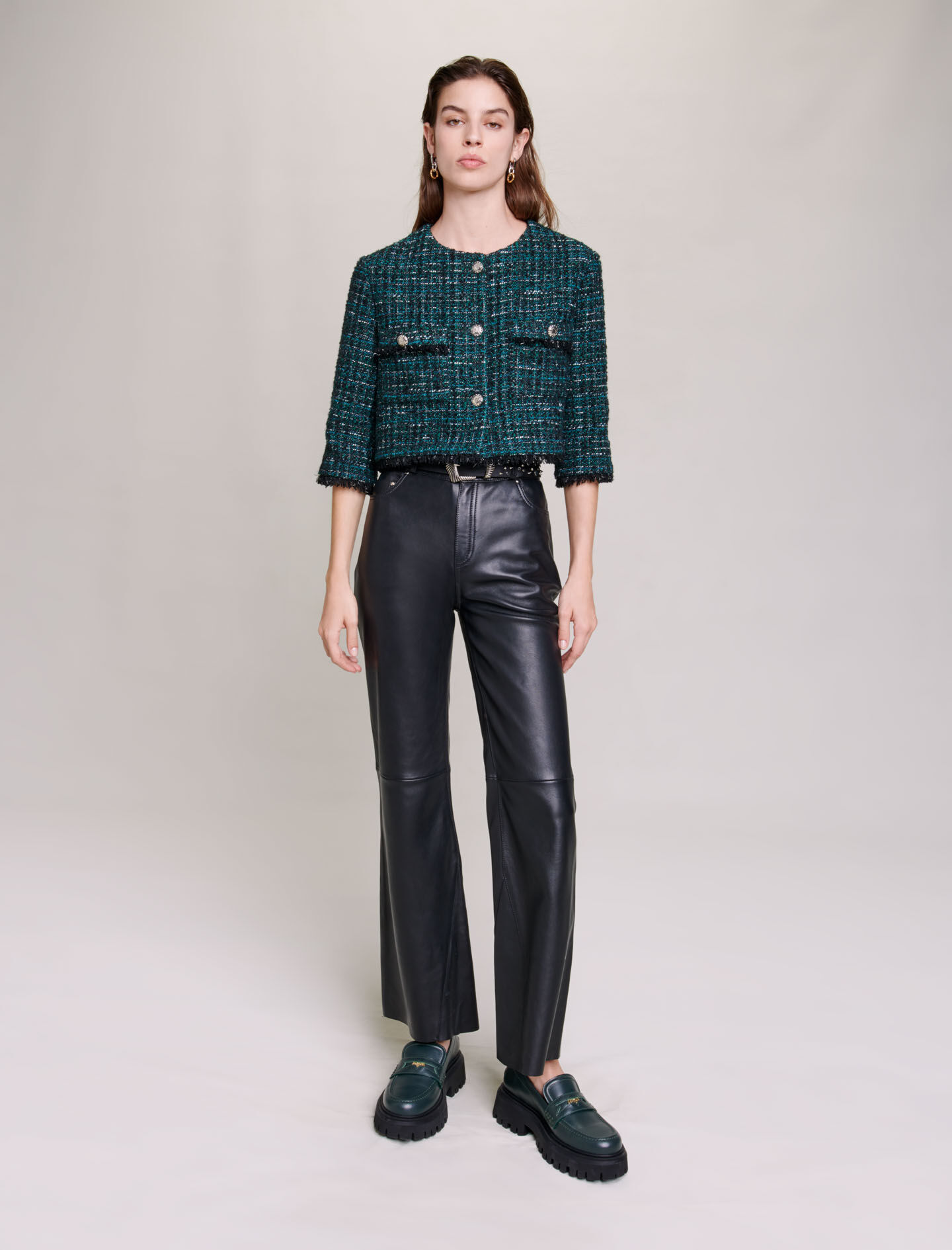 Jachetă scurtă din tweed - Verde sticlă