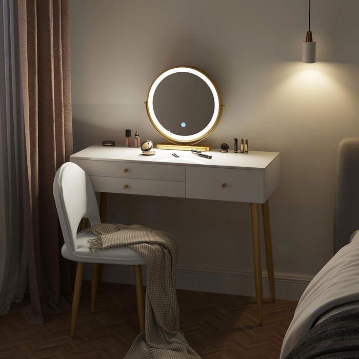 Penteadeira WOLTU com espelho LED ajustável e cadeira de veludo, mesa de maquiagem com 3 gavetas, creme + dourado W0ETT0047