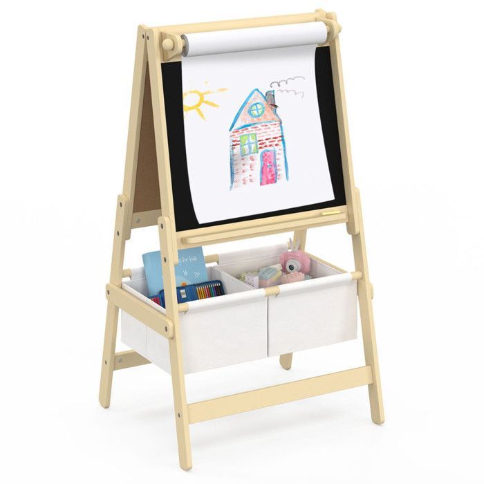 IDMARKET 3-in-1 Children's Easel with Double-Sided Paper Roll and 2 Storage Baskets