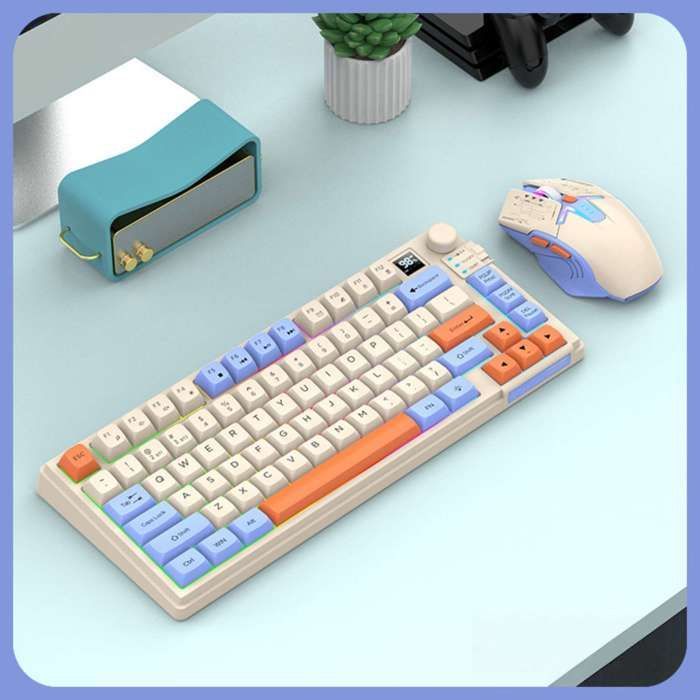 Ensemble clavier et souris, 80 touches, Bluetooth, sans fil 2,4 GHz, éclairage RGB, design ergonomique, multifonctionnel, bleu
