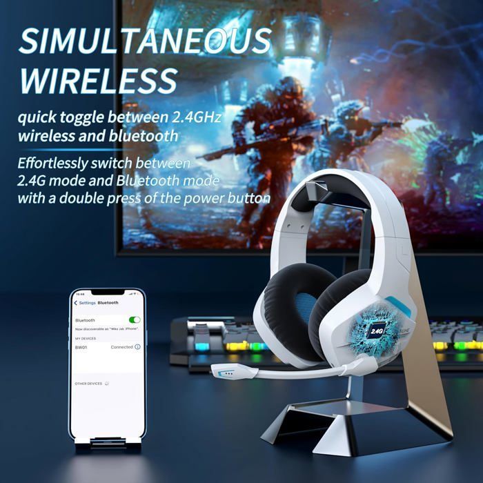 Cuffie da gioco wireless con microfono a cancellazione di rumore per PS4, PS5, PC, Playstation 4 e 5, 2.4G + Bluetooth, bianche.