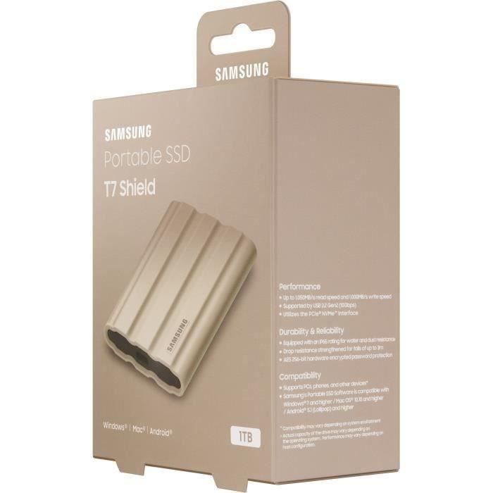 Disco duro externo SSD SAMSUNG T7 Shield color beige, 1 TB MU-PE1T0K/EU