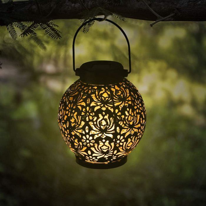 Solar lantern, waterproof outdoor LED solar garden light, decorative hanging metal solar-powered lantern, black