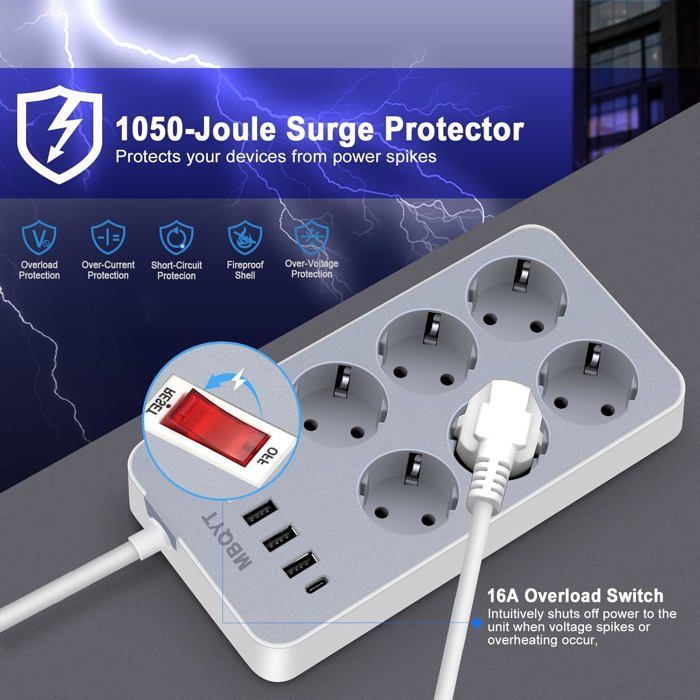 Regleta eléctrica de 6 tomas con 4 puertos USB, cargador de viaje (5V 2A/12W), protector contra sobretensiones, pararrayos y protección contra sobretensiones.