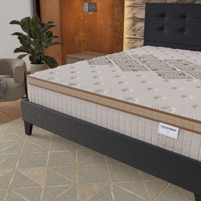 Colchón y cama (140x200cm) - Muelles ensacados Errakis de 28cm y espuma de alta densidad + Base de láminas estable y cabecero tapizado en negro