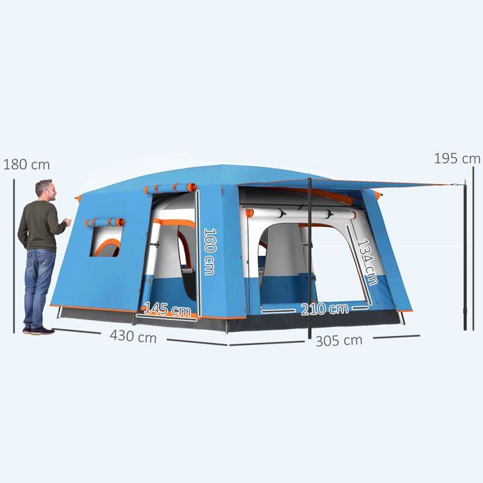 Kampeertent - Outsunny - voor 4-5 personen - waterdicht - deuren + ramen - draagtas - 4,3 x 3 x 1,95 m blauw