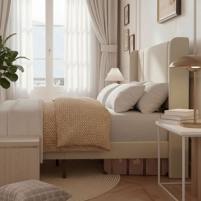 Bett 140x190 cm, NMONET, Lattenrost, Leinenbezug, Doppelbettgestell 140x190, Erwachsenenbett 140x190, beige
