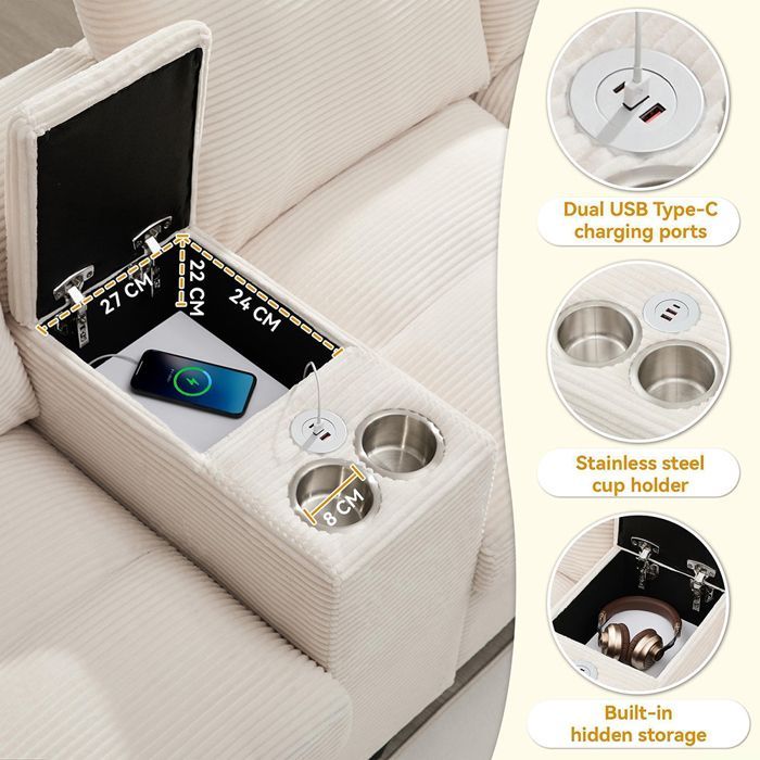 U-vormige hoekbank - 4-zitsbank - USB-poort - Opbergruimte - Roestvrijstalen bekerhouders - Beige corduroy