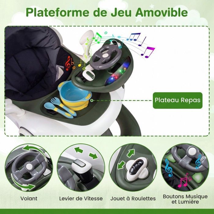 Andador convertible para bebé COSTWAY 7 en 1 - Altura y velocidad ajustables - Luces y música - Asiento extraíble y antivuelco - Verde y blanco