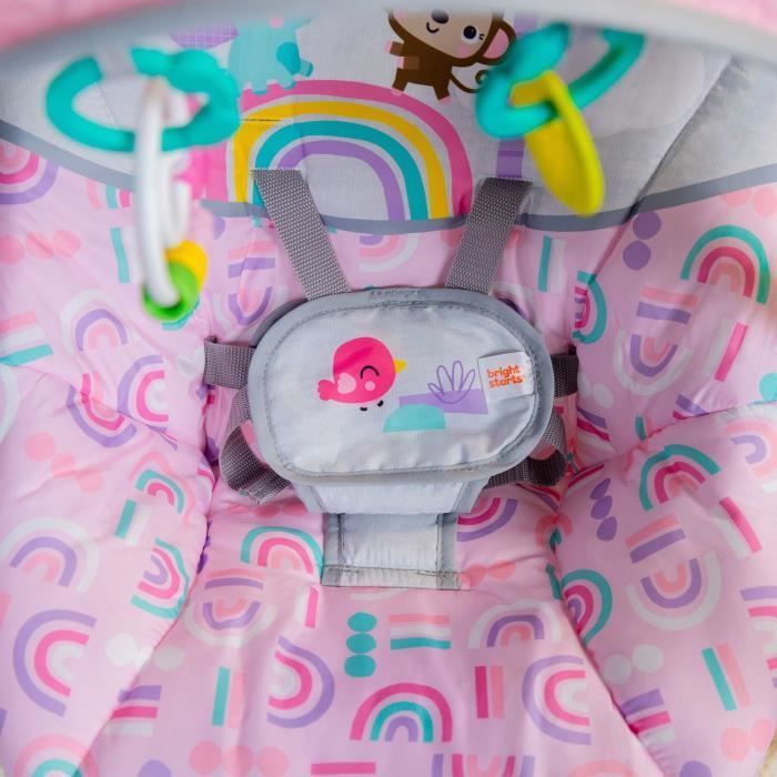 Columpio eléctrico compacto para bebés BRIGHT STARTS – Animales, rosa, 6 velocidades de balanceo, 10 canciones, 2 posiciones de reclinado