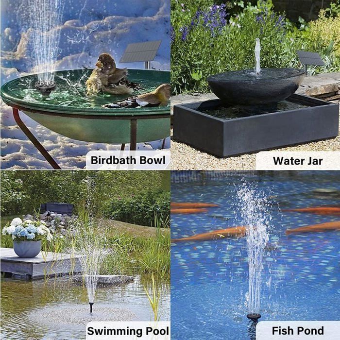 Fontaine Solaire Jardin 4 Buses, Pompe Bassin Bain Oiseaux, Cascade Aquarium Extérieur