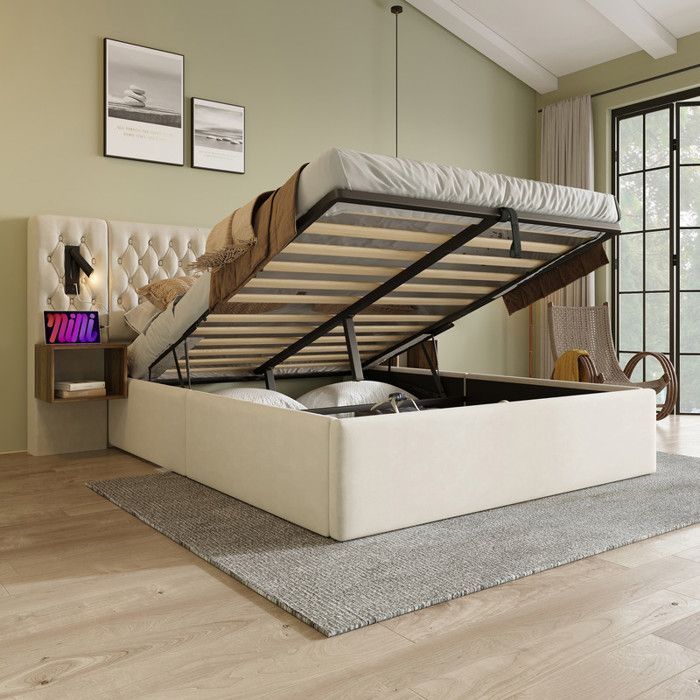 Conjunto de quarto - Veludo bege - Cama de casal 160x200 cm - Armário hidráulico - USB