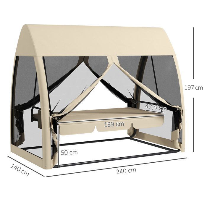 Columpio de jardín Outsunny - convertible - 3 plazas - con toldo y cojines - malla con bolsillo con cremallera - beige