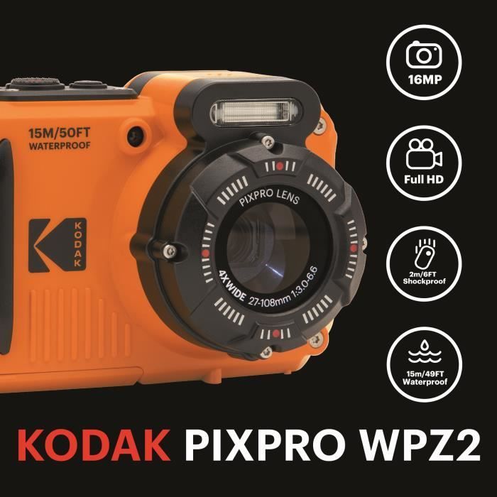 KODAK Pixpro Pack WPZ2 + 2 Batteries + 1 carte SD - Compact 16MP, étanche à 15m,  Anti-Choc, Video 720p, Ecran LCD - Orange
