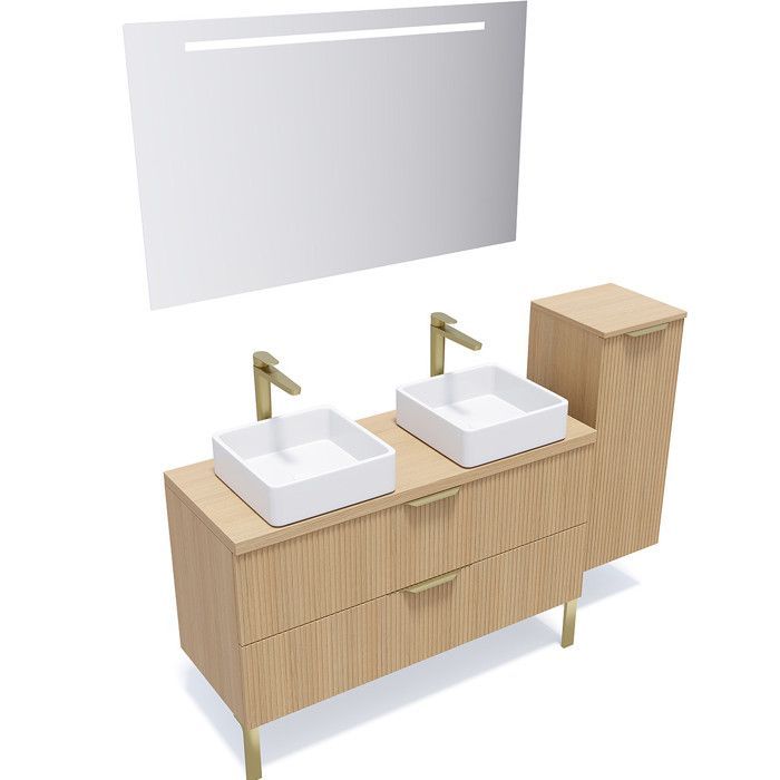 Mueble de baño suspendido HOMIFAB Venice de 120 cm con doble lavabo, acabado en roble estriado.