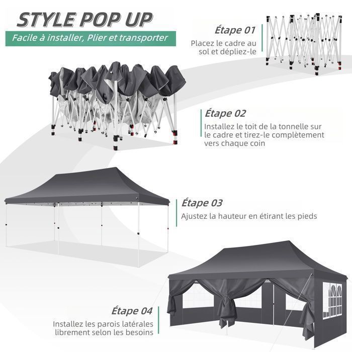 Cenador plegable de 3x6 m, carpa de jardín impermeable para exteriores, carpa para fiestas con 6 paneles laterales, protección UV 50+ - Gris
