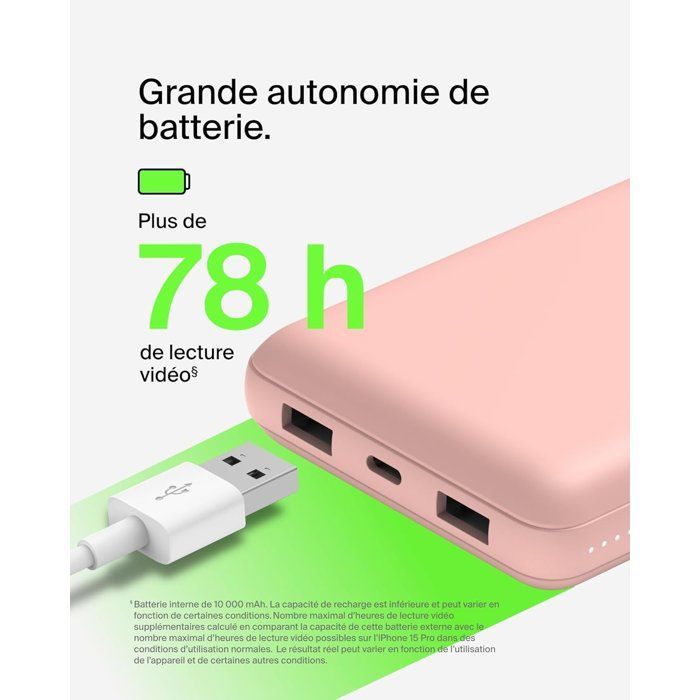 Batería externa - BELKIN - 20.000 mAh - USB-A y USB-C - 15 W - Rosa