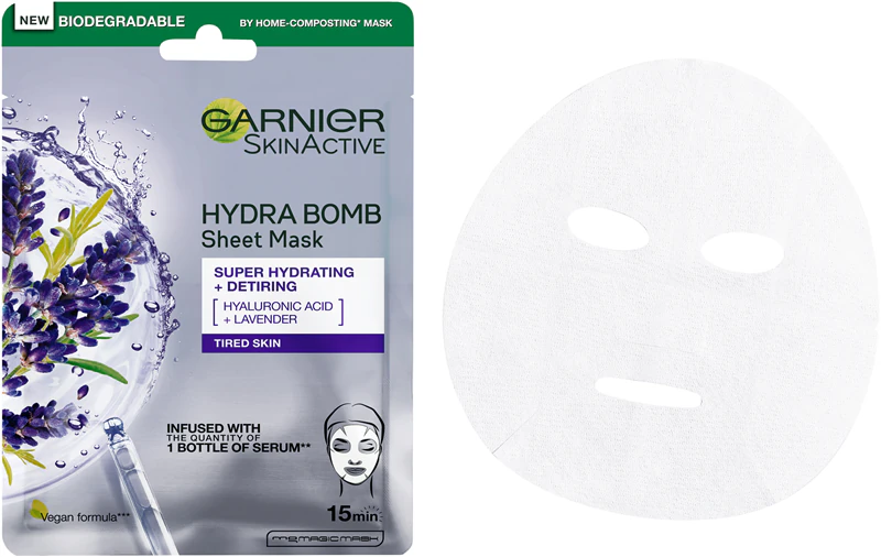 Máscara facial em tecido Garnier Hydra Bomb com efeito altamente hidratante e nutritivo.