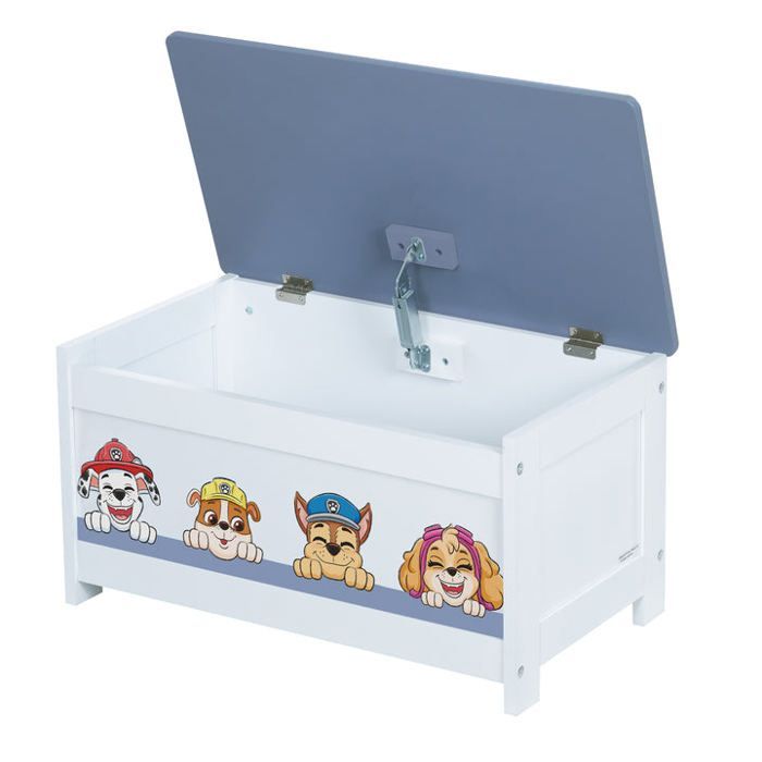 Cofre de juguetes de madera ROBA Paw Patrol - Tapa con bisagras - Diseño de perro - Gris - Blanco
