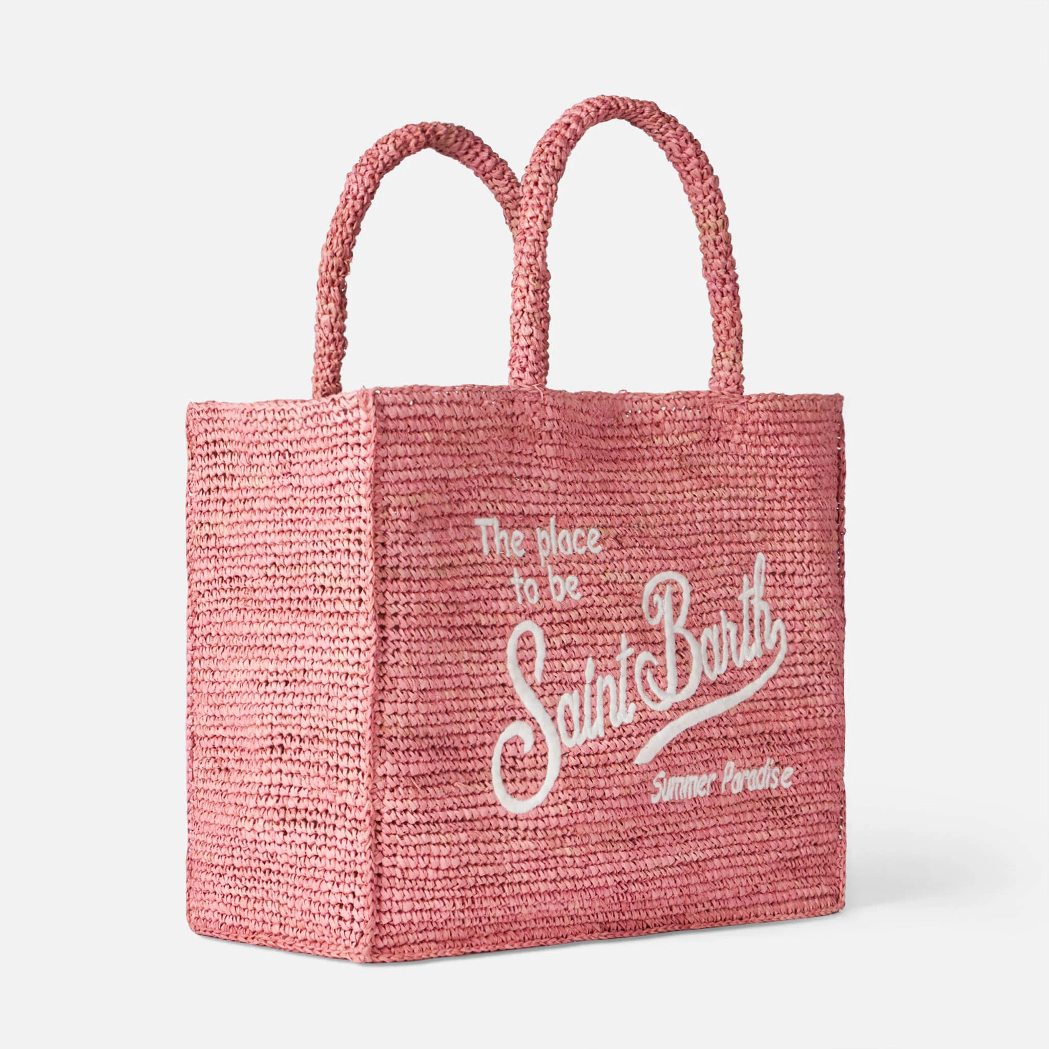 Vanity Pink Raffia Schoudertas met Witte Saint Barth Borduurwerk | 36cm x 29cm x 20cm | MC2 Saint Barth