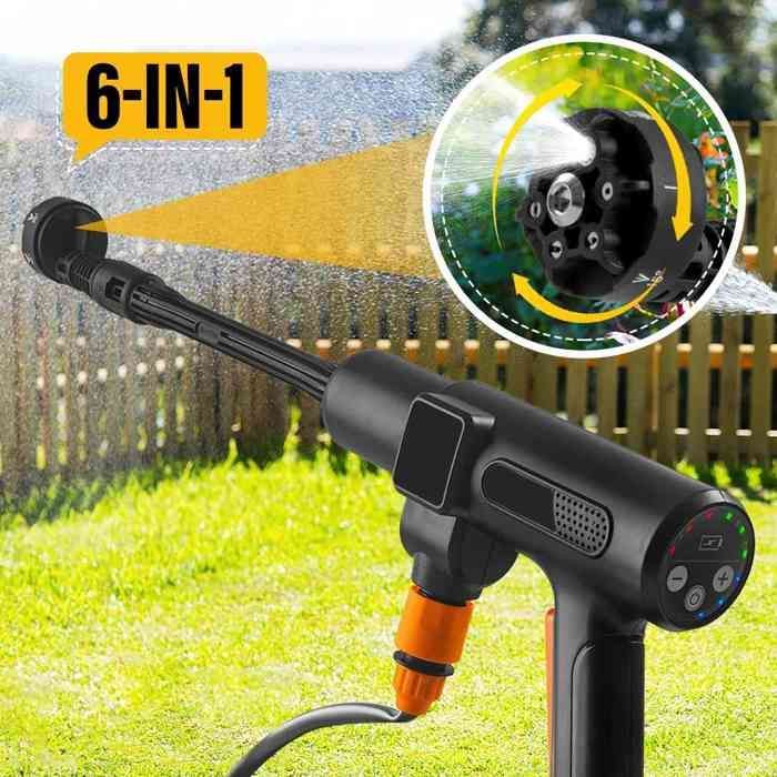 Idropulitrice a batteria ad alta pressione, max 200 bar, con 2 batterie, ugello girevole a 180° 6 in 1, tubo flessibile da 5 m, per pulizia e irrigazione.