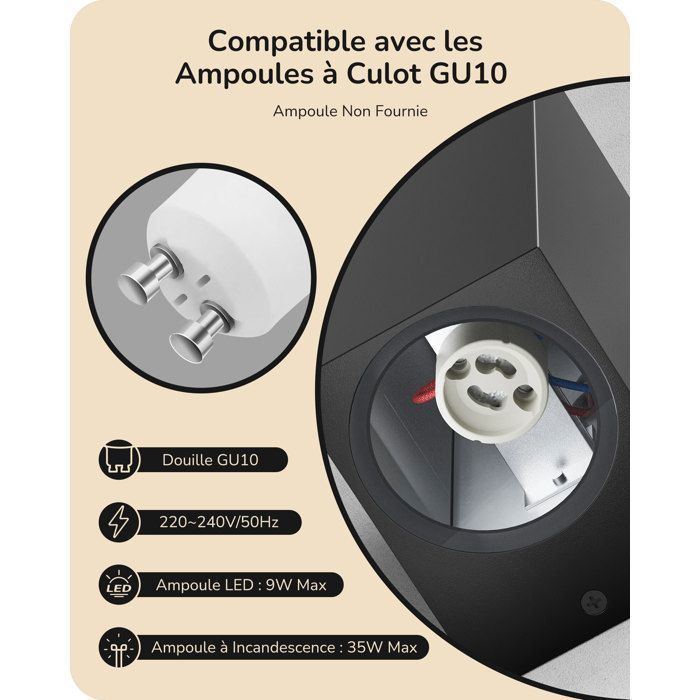 EDISHINE 2 apliques de pared para interior/exterior, resistentes al agua IP44, casquillo GU10, bombilla no incluida, color negro, iluminación exterior