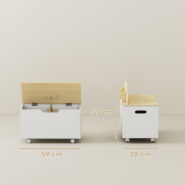 Coffre à jouet enfant - AIYAPLAY - sur roulettes - couvercle rabattable - charnières de sécurité - MDF - 59 x 30 x 53 cm - blanc