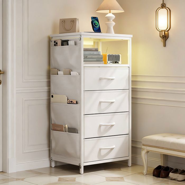 Commode 4 Tiroirs, Meuble Rangement Moderne, Table de chevet, Meuble Chambre Bureau Salon Cuisine, 40x30x79cm, Blanc