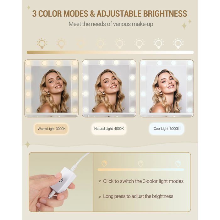 Ampia toeletta con illuminazione a LED, 10 sfere luminose a LED, 3 colori, luminosità regolabile, specchio, 9 cassetti, bianco-oro.