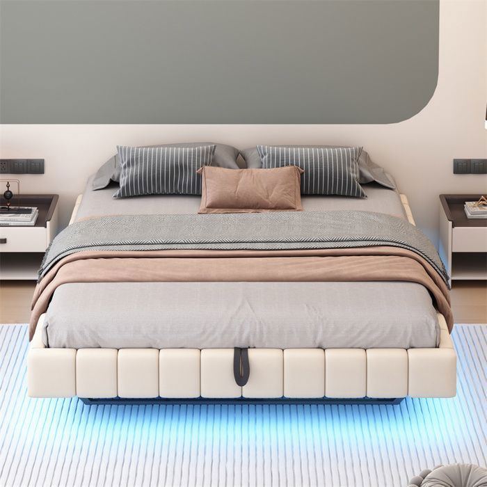 Cama de casal com arrumação, 180x200 cm - Iluminação LED - Arrumação hidráulica - Estrado incluído - Cabeceira não incluída - Roupa de cama - Bege