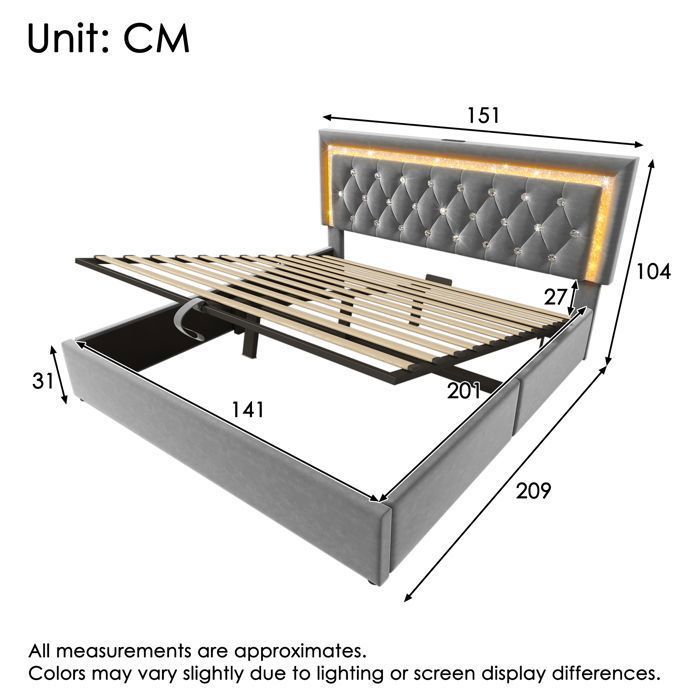 Cama con almacenamiento - Becag - Cama doble tapizada de 140x200cm con LED y USB Tipo-C, cama para adultos con almacenamiento hidráulico, terciopelo gris