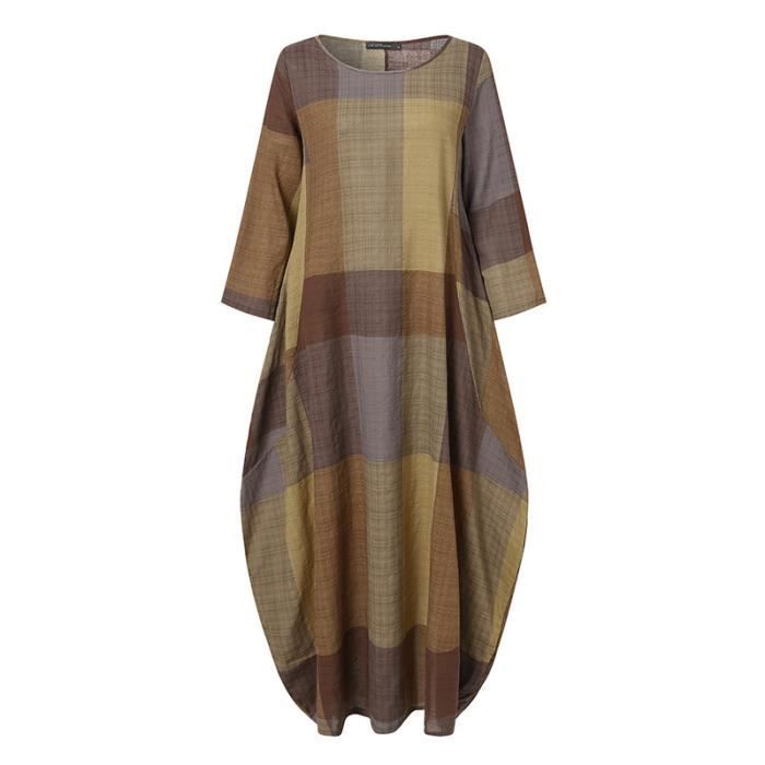 Robe Décontractée À Manches Longues Pour Femmes À Carreaux Vintage Parti Longues Marron