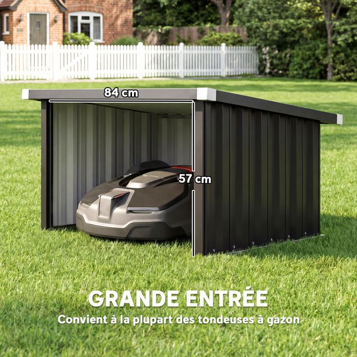 Abri Robot Tondeuse Garage pour Robot Tondeuse avec Toit incliné en acier galvanisé, 108 x 86 x 62,5 cm, gris foncé