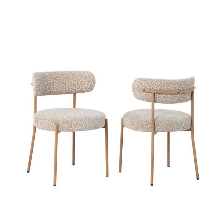 Set of 2 NOA chairs in beige leopard print fabric with metal legs and wood finish