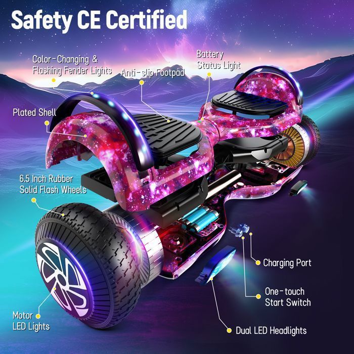 6,5 inch elektrische hoverboard, LED-verlichting, Bluetooth, geschikt voor alle terreinen, maximaal draagvermogen 70 kg, actieradius 7-8 km, paars
