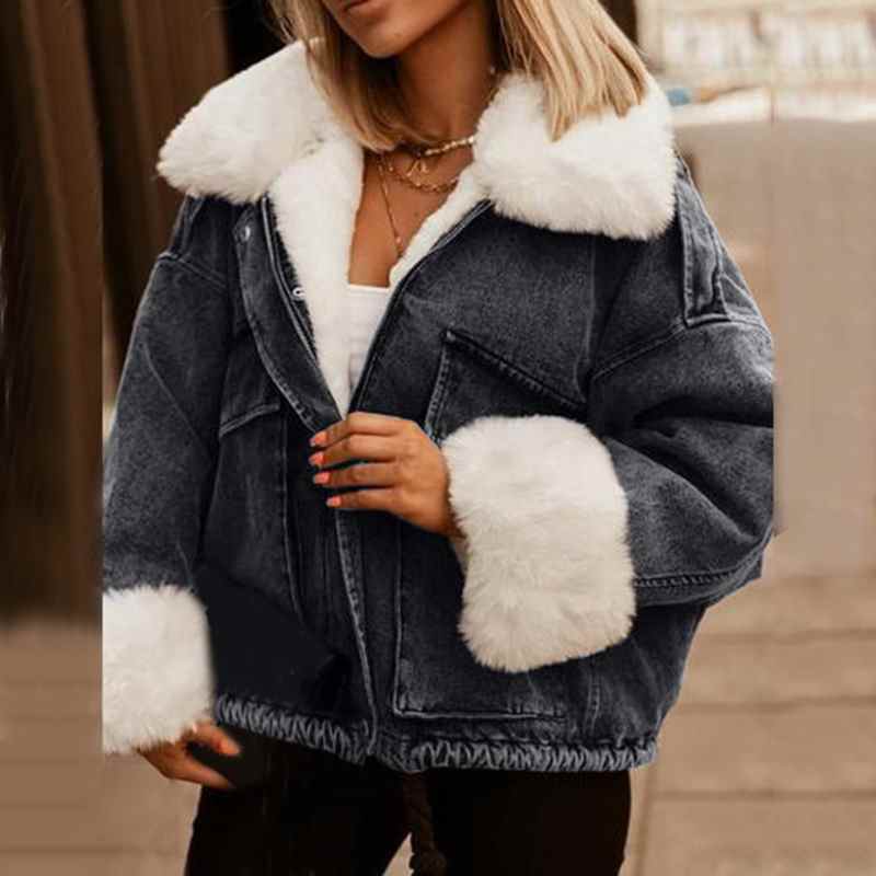 Giacca invernale da donna in denim caldo con collo in pelliccia sintetica, cappotto spesso con bottoni, giacca in denim, parka corto, bomber da donna
